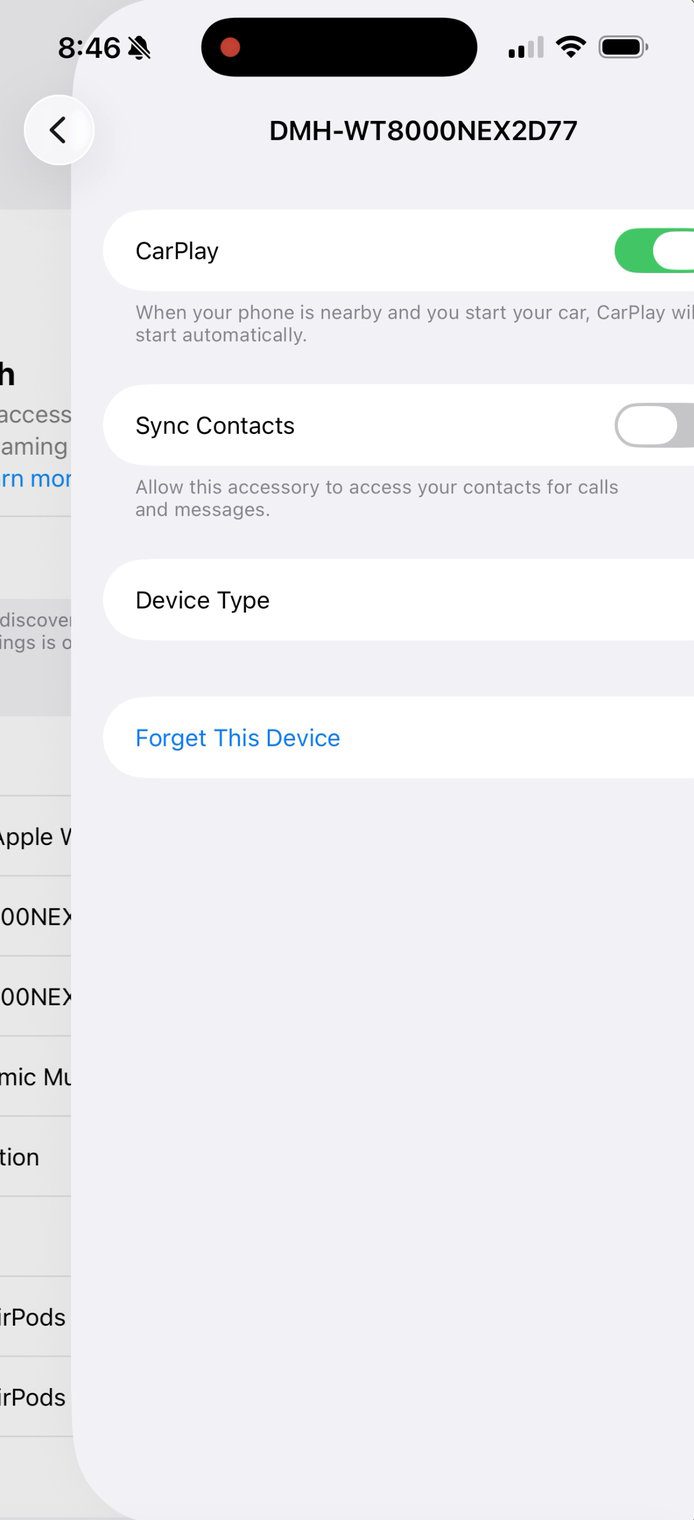 iPhone Bluetooth page for the Pioneer DMH-WT8000NEX with the CarPlay toggle on and Sync Contacts off