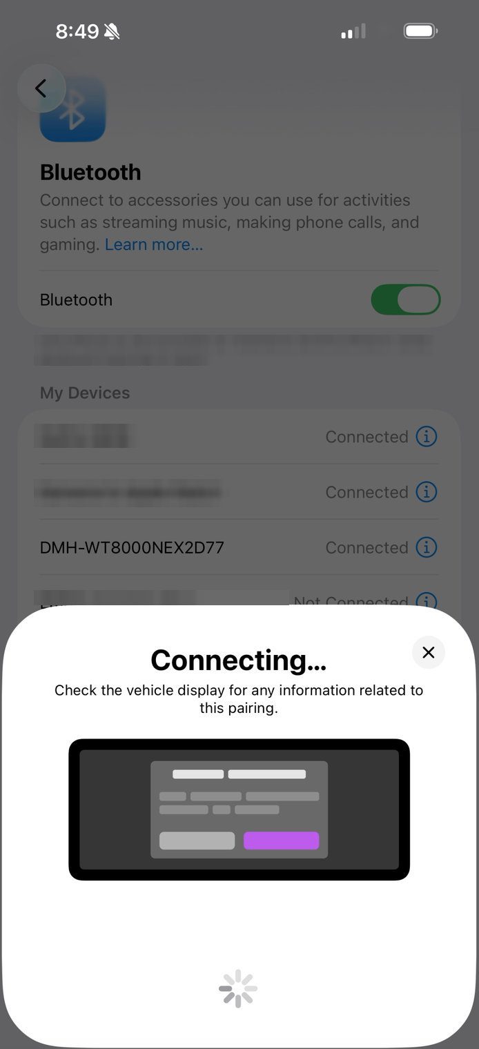 iPhone 'Connecting…' sheet while it pairs with the Pioneer DMH-WT8000NEX