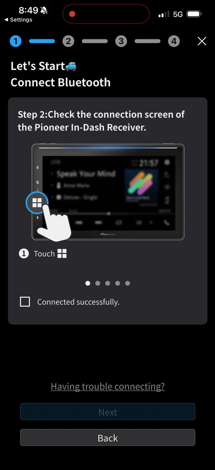 PxLink step telling you to touch the four-square key on the Pioneer DMH-WT8000NEX to check its connection screen