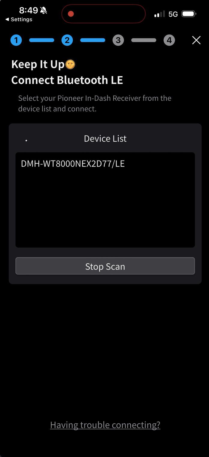 PxLink Bluetooth LE device list showing the Pioneer DMH-WT8000NEX as DMH-WT8000NEX2D77/LE