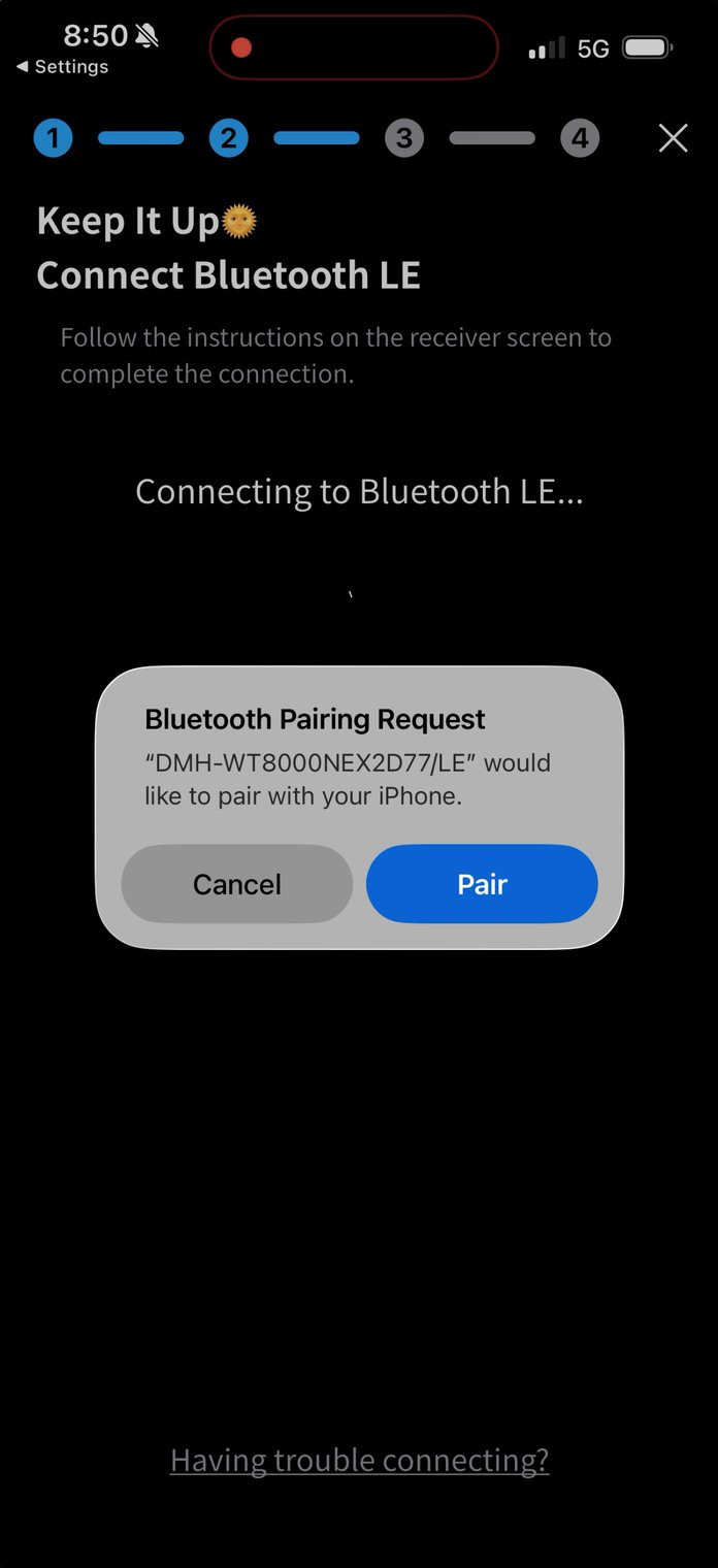 iPhone Bluetooth pairing request from the Pioneer DMH-WT8000NEX (DMH-WT8000NEX2D77/LE) inside the PxLink app