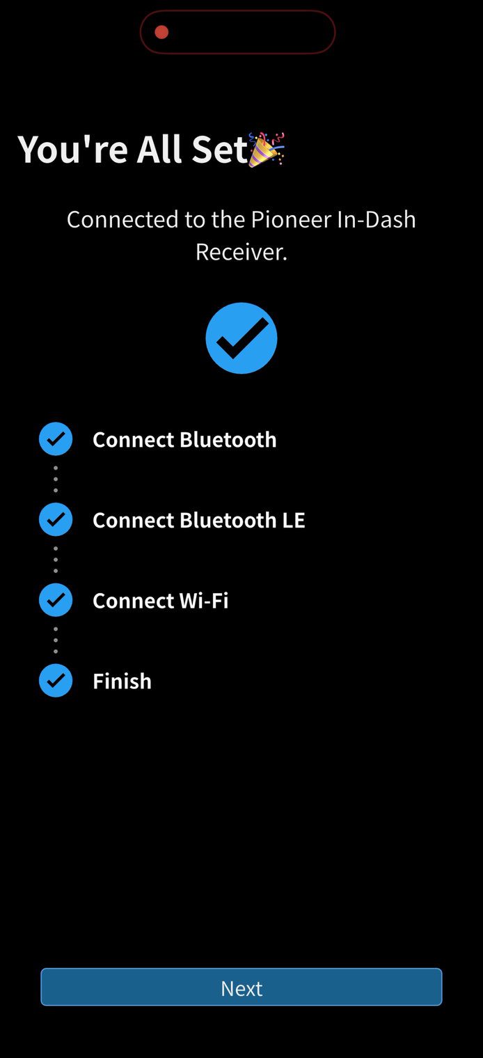 PxLink 'You're All Set' screen confirming the Pioneer DMH-WT8000NEX is connected, with all four steps checked