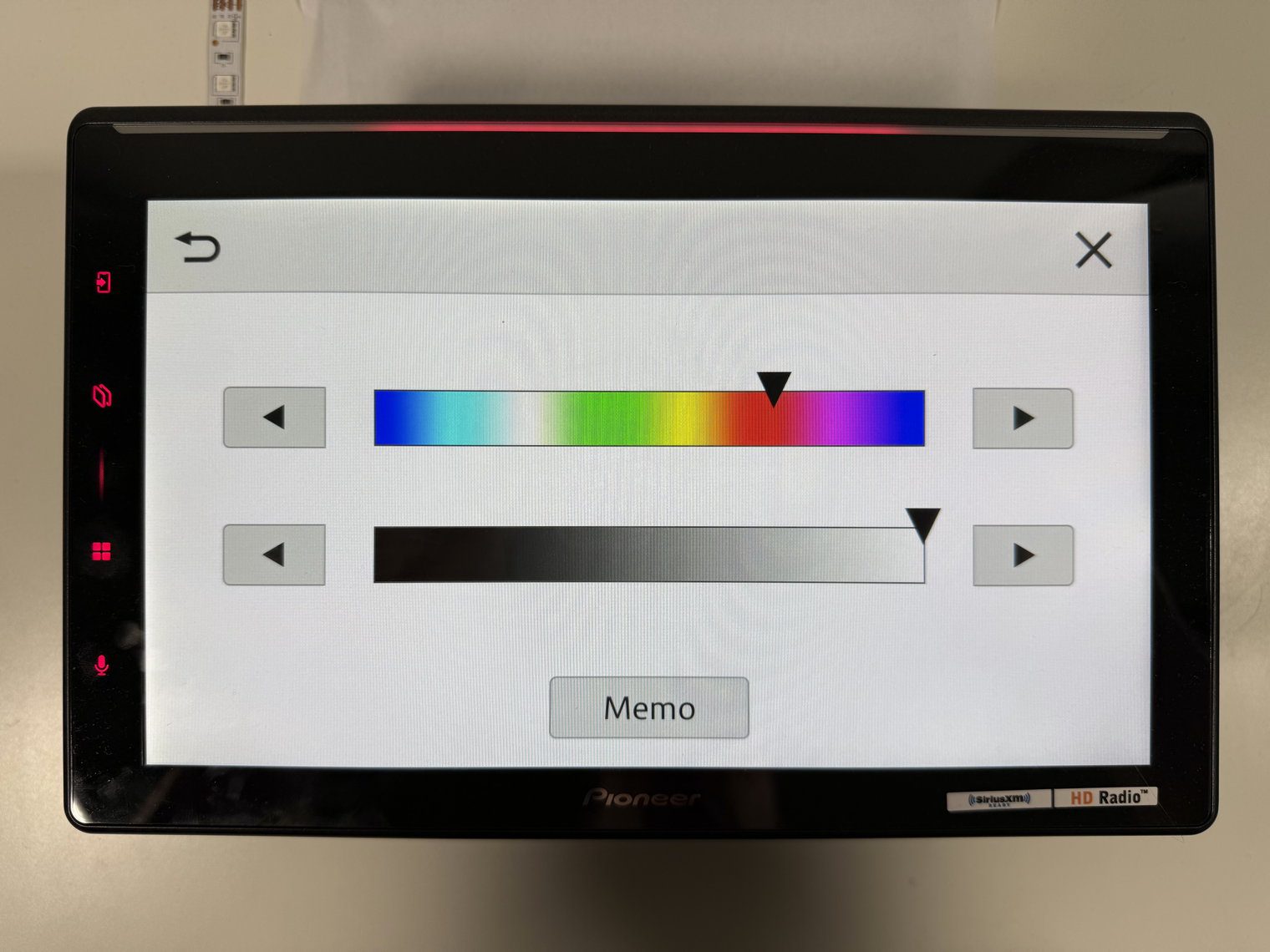 Pioneer DMH-WT8000NEX custom color picker set to red, with the Luminous Bar and left-edge keys glowing red