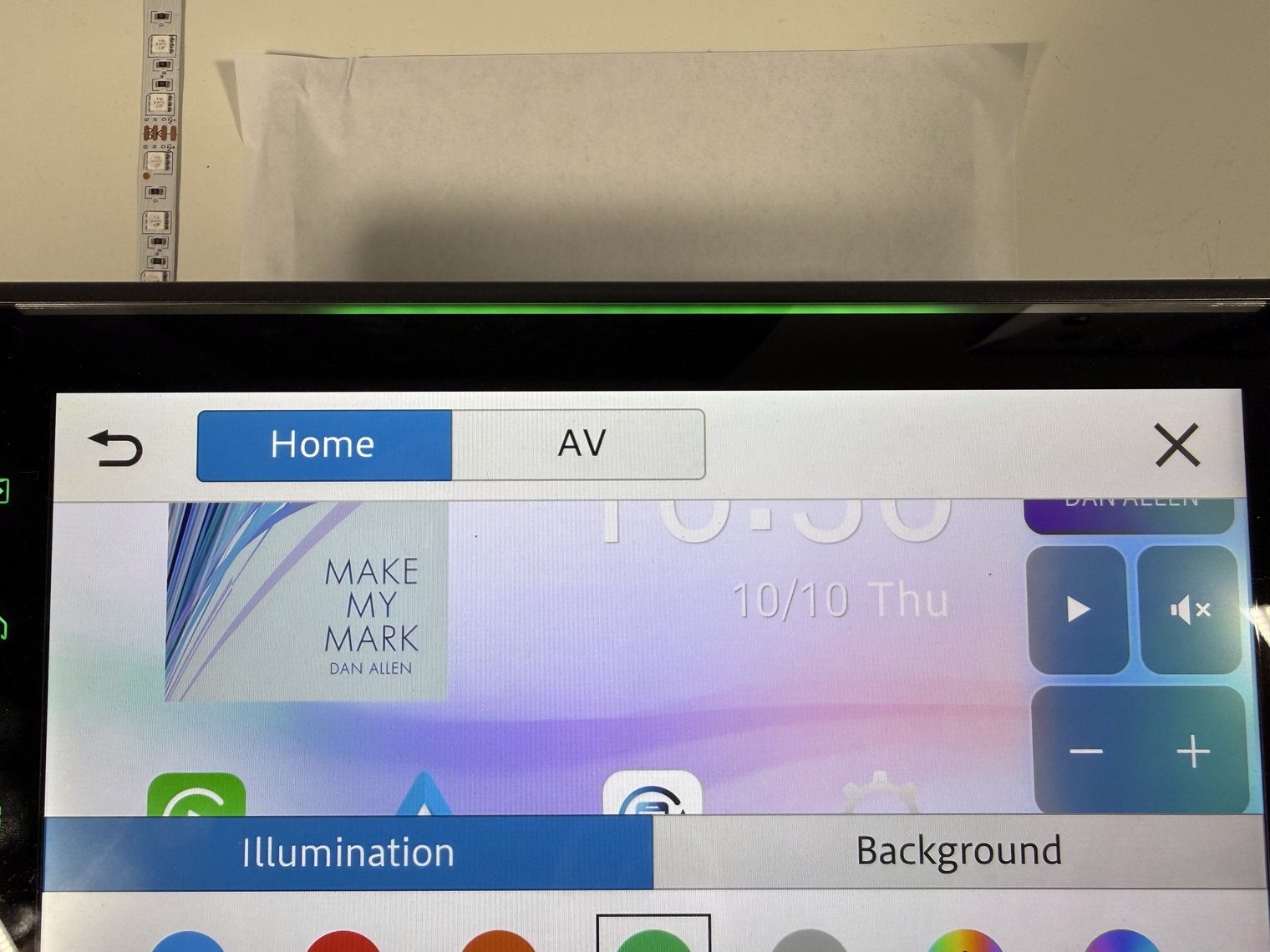 Pioneer DMH-WT8000NEX top bezel with the Luminous Bar lit green above the Illumination color menu