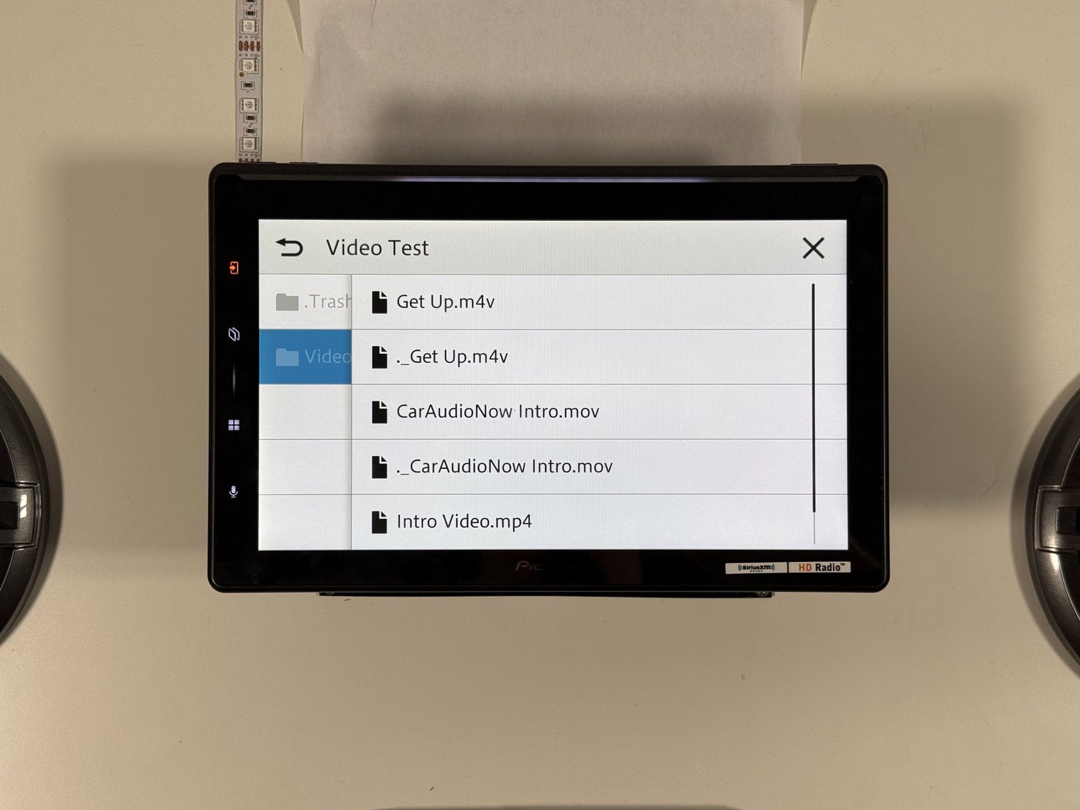 Pioneer DMH-WT8000NEX USB file browser showing a Video Test folder with .m4v, .mov and .mp4 files