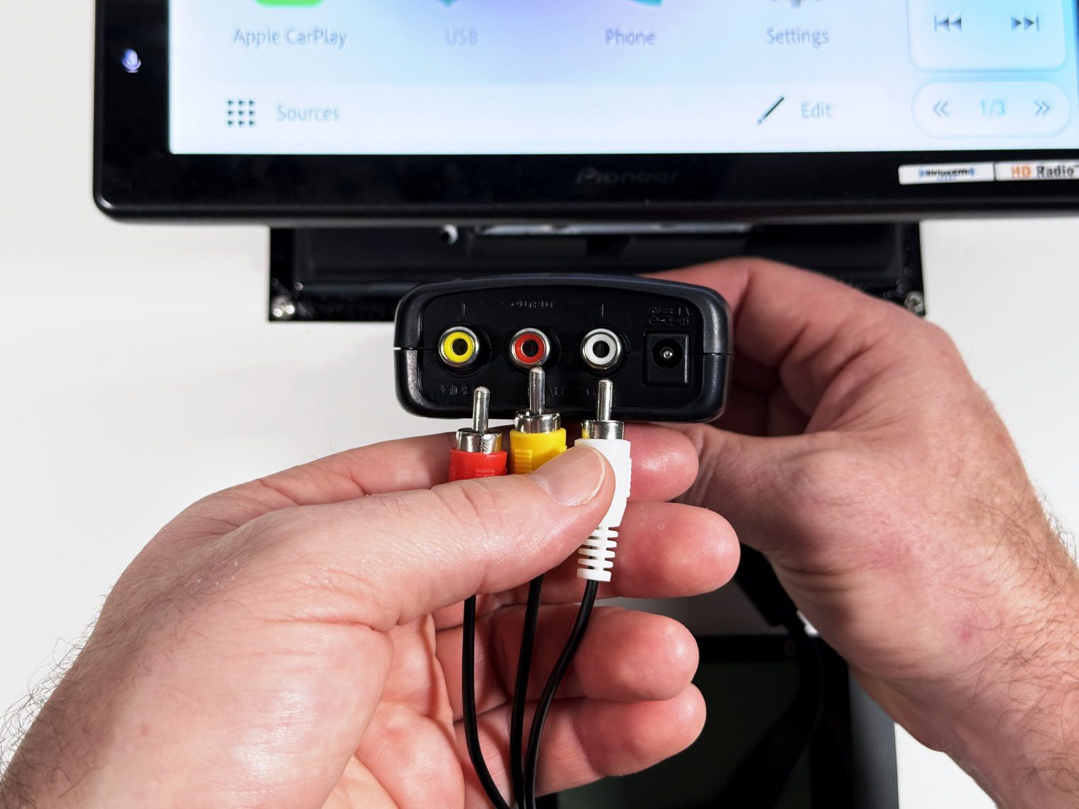 Camcorder cable's red and yellow RCA plugs swapped at an HDMI-to-RCA converter for the Pioneer DMH-WT8000NEX