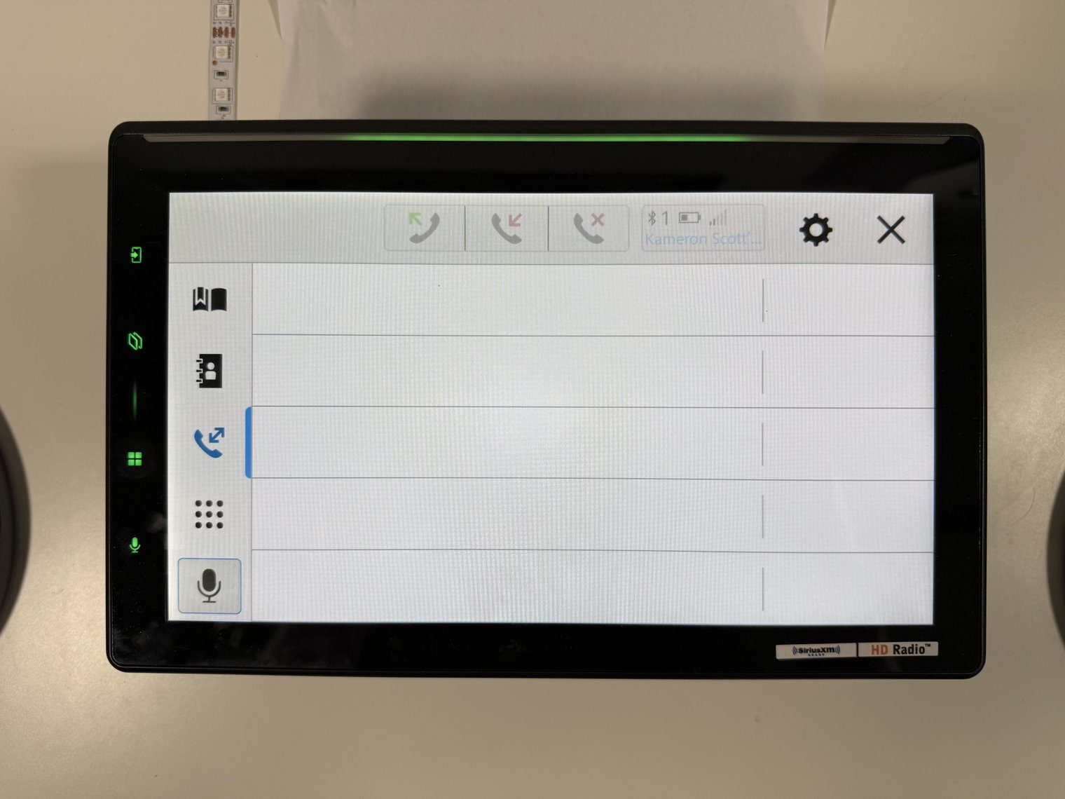 Pioneer DMH-WT8000NEX Bluetooth call history tab with dialed, received and missed call filters along the top