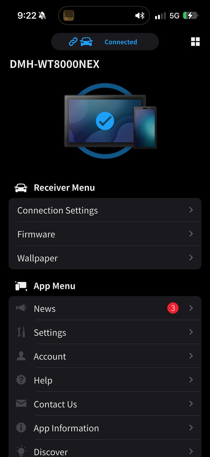 PxLink app menu on an iPhone connected to the Pioneer DMH-WT8000NEX, listing Connection Settings, Firmware and Wallpaper