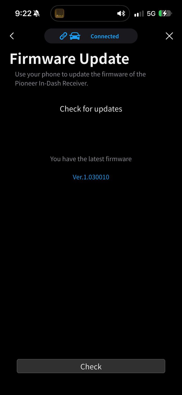 PxLink Firmware Update screen reporting the Pioneer DMH-WT8000NEX is on the latest firmware, Ver.1.030010
