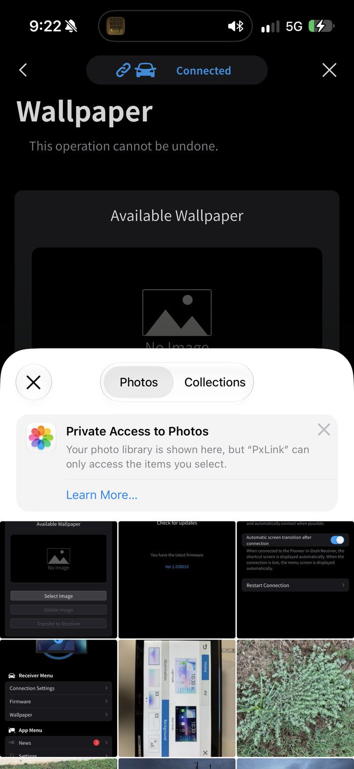 iPhone photo picker open over the PxLink Wallpaper screen, used to choose a Pioneer DMH-WT8000NEX background