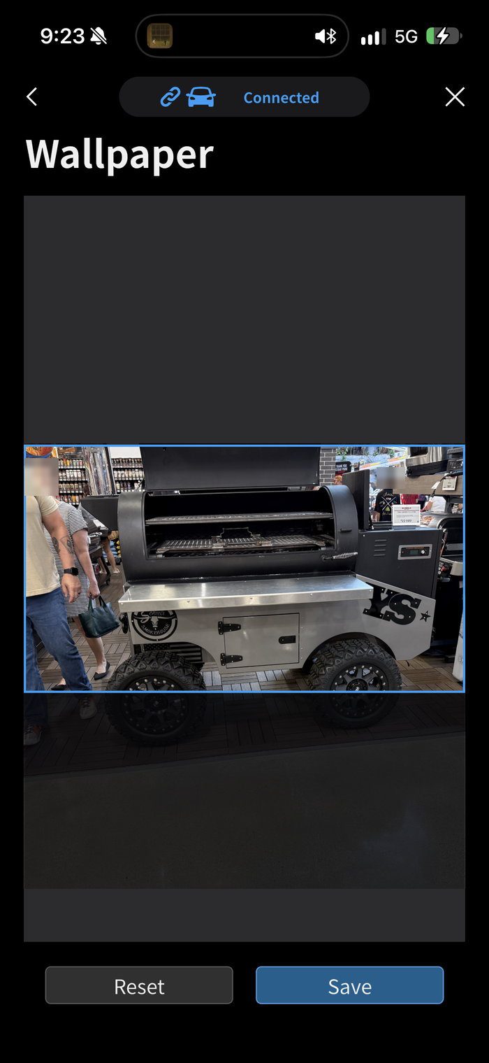 PxLink wallpaper crop screen showing a photo of a smoker grill on off-road wheels, sized for the Pioneer DMH-WT8000NEX
