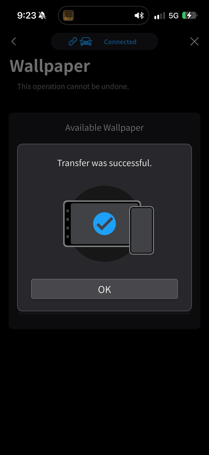 PxLink confirming a successful wallpaper transfer to the Pioneer DMH-WT8000NEX