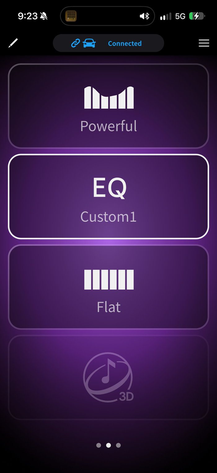 PxLink EQ shortcut page for the Pioneer DMH-WT8000NEX with Powerful, EQ Custom1, Flat and a dimmed 3D tile