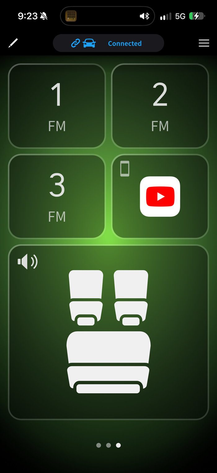 PxLink shortcut page for the Pioneer DMH-WT8000NEX with FM presets 1 to 3, a source tile showing YouTube and the listening-position tile