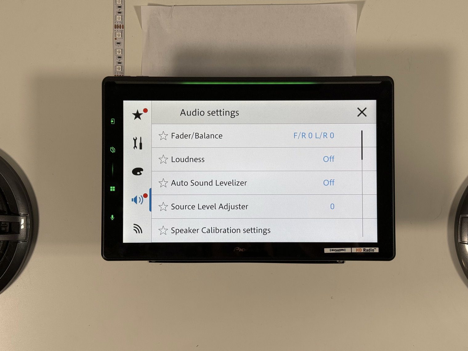 Pioneer DMH-WT8000NEX Audio settings menu with fader/balance, loudness, Auto Sound Levelizer and source level options