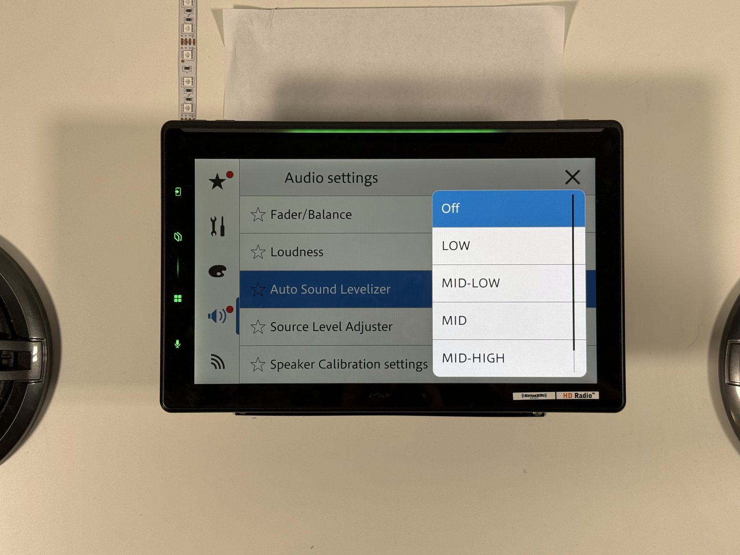Pioneer DMH-WT8000NEX Auto Sound Levelizer options in Audio settings, set to Off