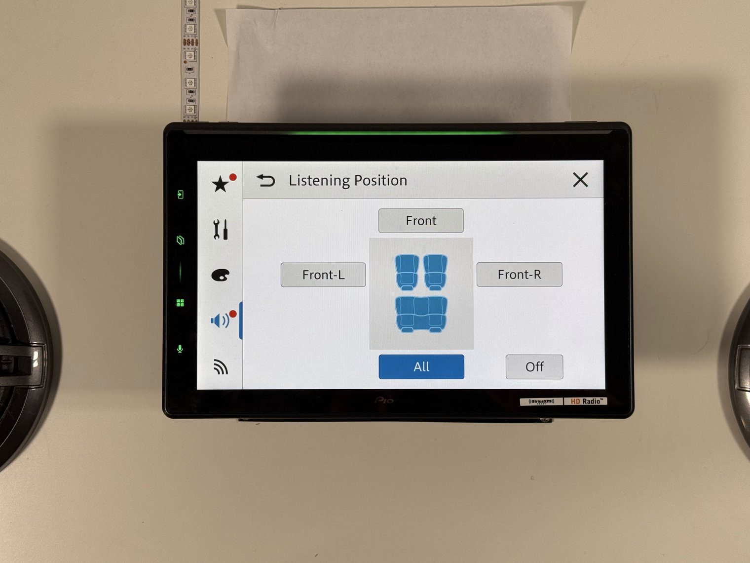 Pioneer DMH-WT8000NEX Listening Position screen with a seat diagram and All selected