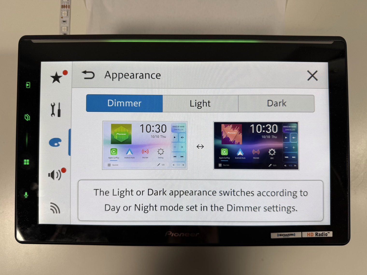 Pioneer DMH-WT8000NEX Appearance settings with Dimmer selected and light and dark home screen previews