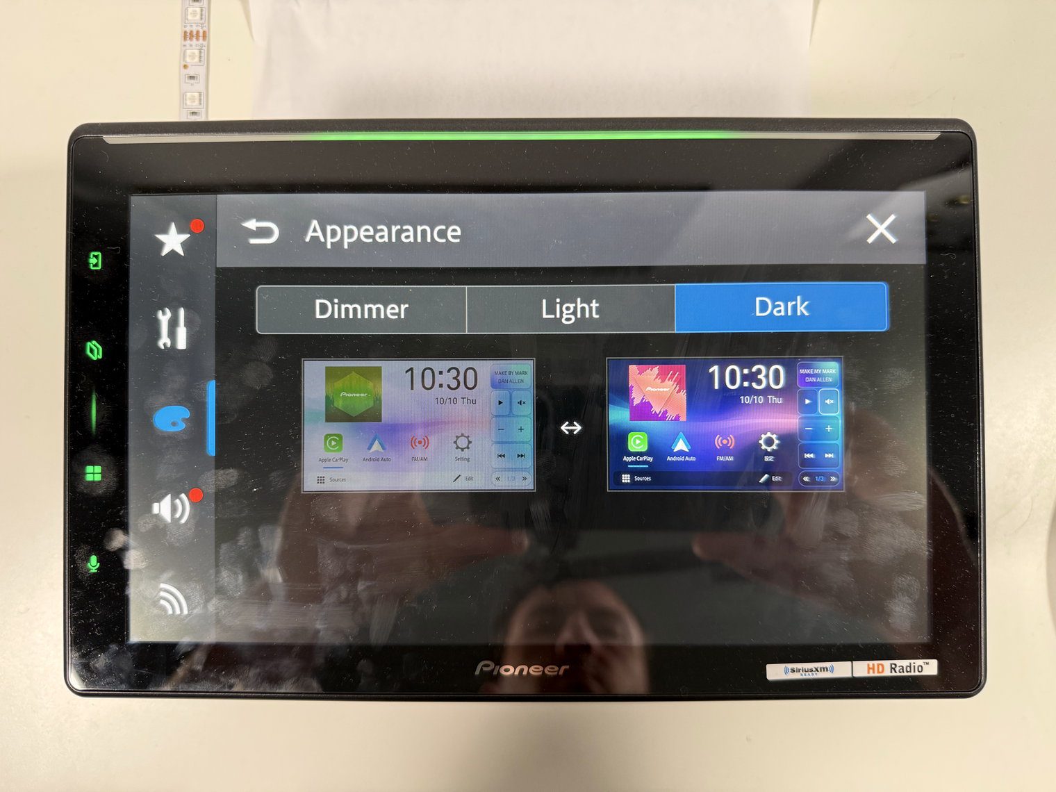 Pioneer DMH-WT8000NEX Appearance settings with Dark mode selected and the menus turned dark
